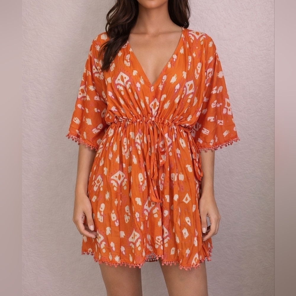 Mud PIE Orange Geometric Tie Waist Swim Cover-up Festival Blouse